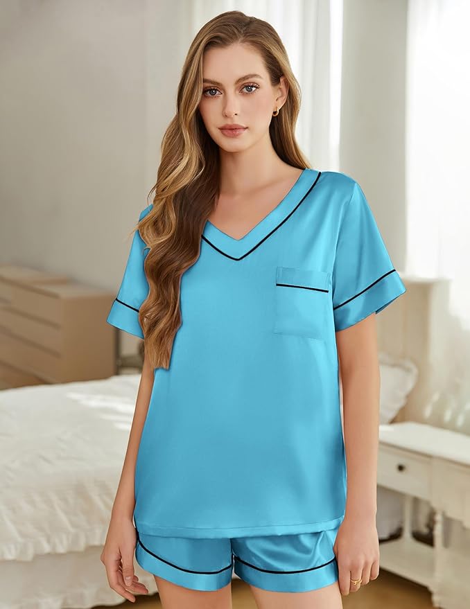 Silk Pajamas for Women Short Sleeve Satin 2 Piece Pj Set Soft V Neck Sleepwear Loungewear, S-XXL