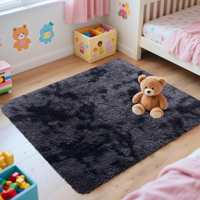 OLANLY Area Rugs for Living Room Bedroom, Machine Washable 2x3 Feet Soft Fluffy Shaggy Bedside Rug, Indoor Floor Carpet for Kids Girls and Boys, Nursery Room, Home Decor Aesthetic, Deep Grey Tie-dye
