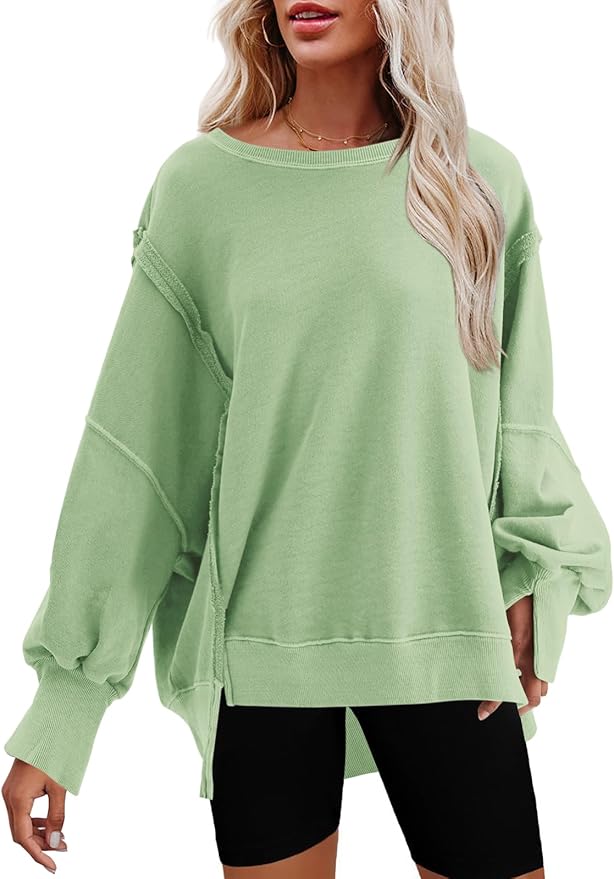 Nirovien Womens Oversized Crewneck Sweatshirt Side Slit Long Sleeve Pullover Slouchy Fit Tops
