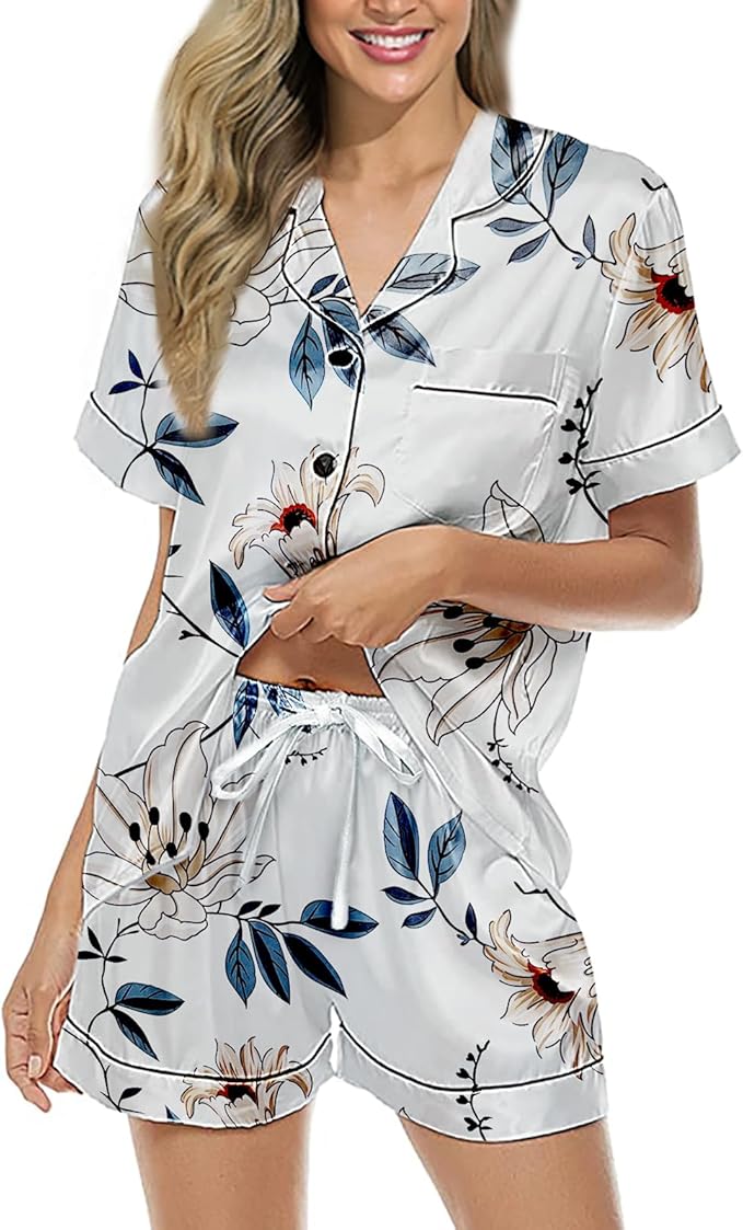 WJing Yi Jia Womens Silk Satin Pajamas Loungewear Two-Piece Sleepwear Button-Down Floral Pj Set XS-4XL