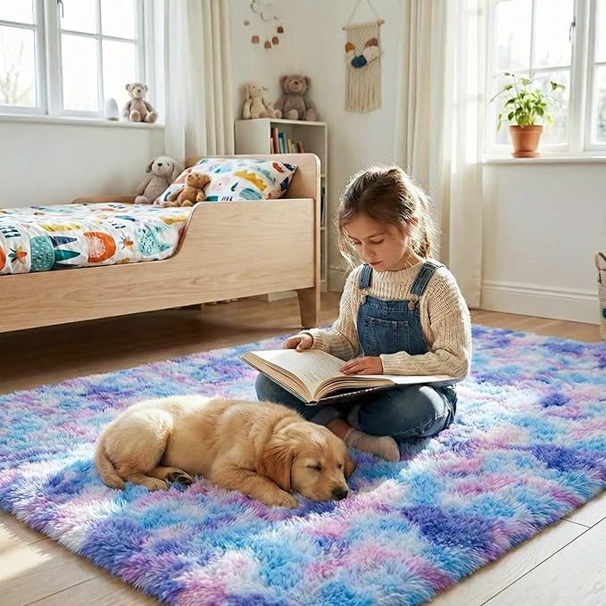junovo 3x5 Washable Area Rug for Girls Bedroom, Purple Soft Non-Slip Fluffy Bedside Rugs, Shag Plush Memory Foam Carpet for Kids Room Baby Nursery Home Decor Aesthetic