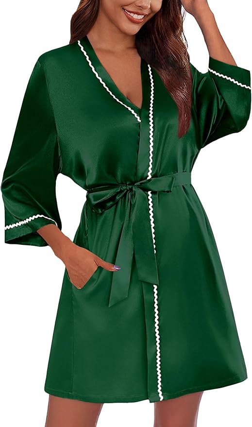 Ekouaer Women's Satin Robe Short Bridesmaid Bride Feather Bridal Robe Kimono Silky Long Sleeve Bathrobe S-XXL