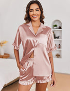 Ekouaer Satin Pajama Set for Women Button Down Silk 2 Piece Pj Sets Ruffle Short Sleeve Sleepwear