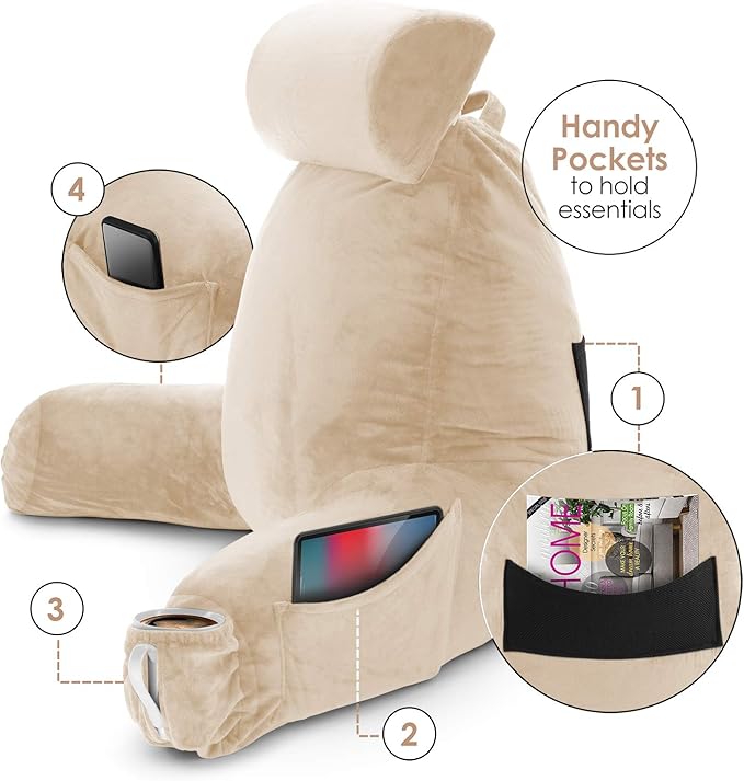 Clara Clark Reading Pillow with Shredded Memory Foam Includes 2 Neck and Lumber Support Pillows, Designed for Sitting Up in Bed and Couch, Back and Arms Adjustable Support for Adults Beige Cream
