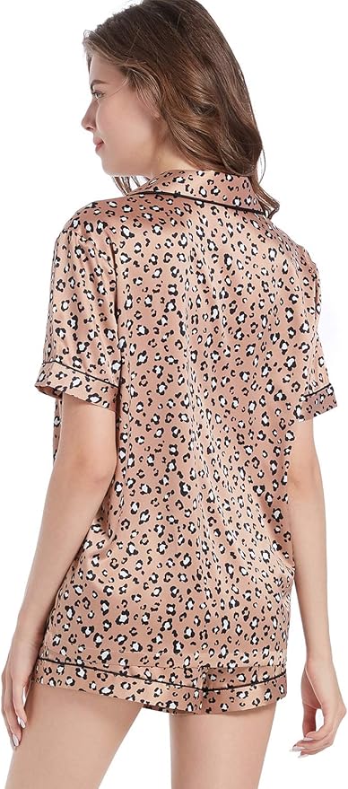 Serenedelicacy Women's Satin Pajama Set 2-Piece Sleepwear Loungewear Button Down Short Sleeve Silky PJ Set
