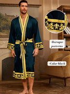 ChiaoLezhee Men's Luxury Silky Robe & Shorts Set, 2PC Lightweight Satin Pajamas with Pockets, Opulent Baroque Kimono Gifts