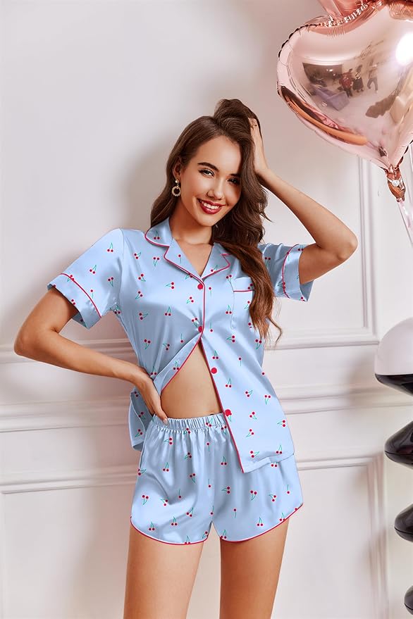 Ekouaer Womens Silk Satin Pajamas Short Sleeve PJS Shorts Set Soft Button Down Sleepwear 2 Piece Loungewear S-5XL