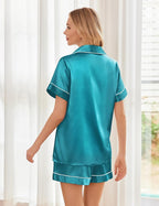 Ekouaer Womens Silk Satin Pajama Sets Soft Short Sleeve Button Down Sleepwear Top and Shorts 2 Piece Pjs Lounge Set
