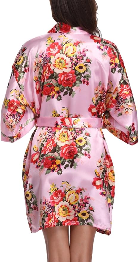 Women's Floral Satin Robes Bride Bridesmaid Getting Ready Robe Short Silky Kimono Sleepwear for Wedding Party