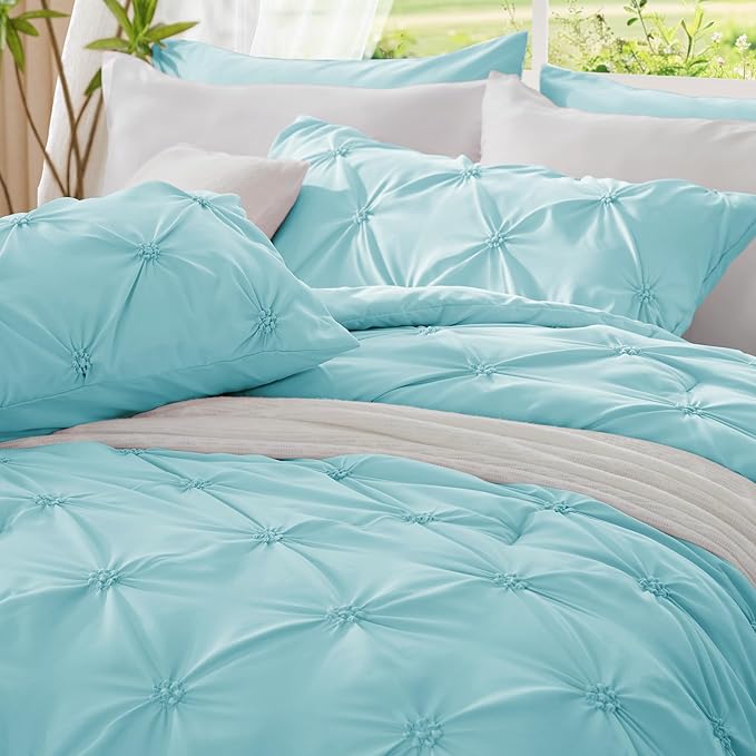 BEDELITE Macaron Blue King Size Comforter Set - 3 Pieces Boho Pintuck Bedding Comforter Sets, Lightweight Soft & Warm King Bedding Set with 2 Pillowcases for All Season