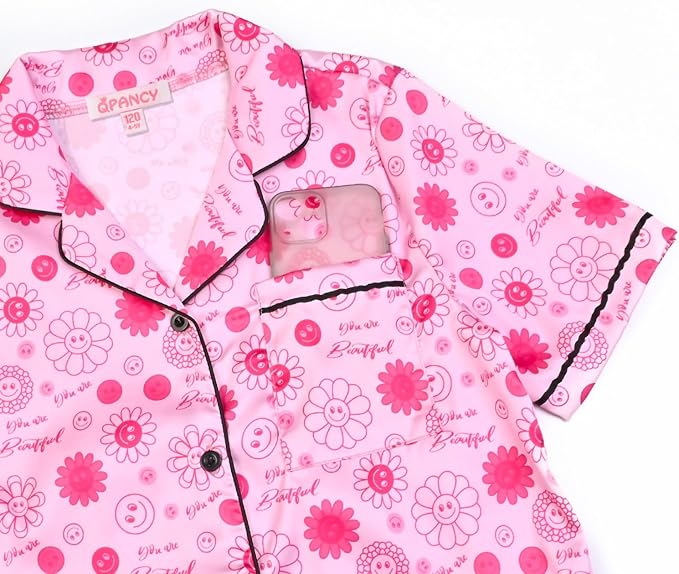 QPANCY Kids Satin Pajamas Sets Baby Boy Girl Button-Down Silk Sleepwear 2 Piece Short Sleeve Loungewear Clothes Set