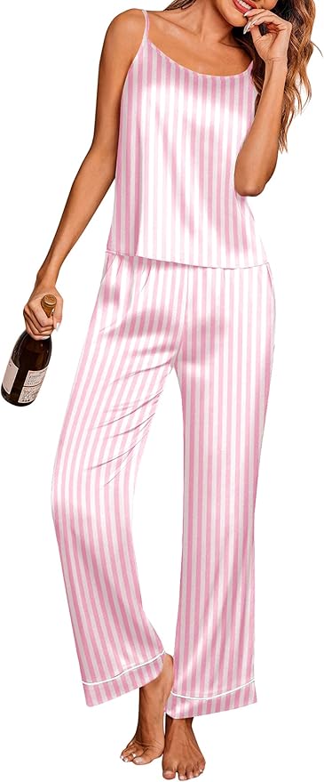 Ekouaer Women Silk Satin Pajamas Sleeveless Pjs Set 2 Piece Summer Loungewear Sleepwear with Pockets S-XXL