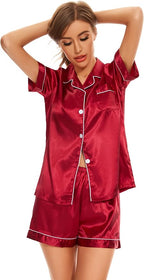 Women's Silk Pajama Set Short Sleeve Sleepwear Satin Button Down Pj Tops and Shorts 2 Piece Loungewear