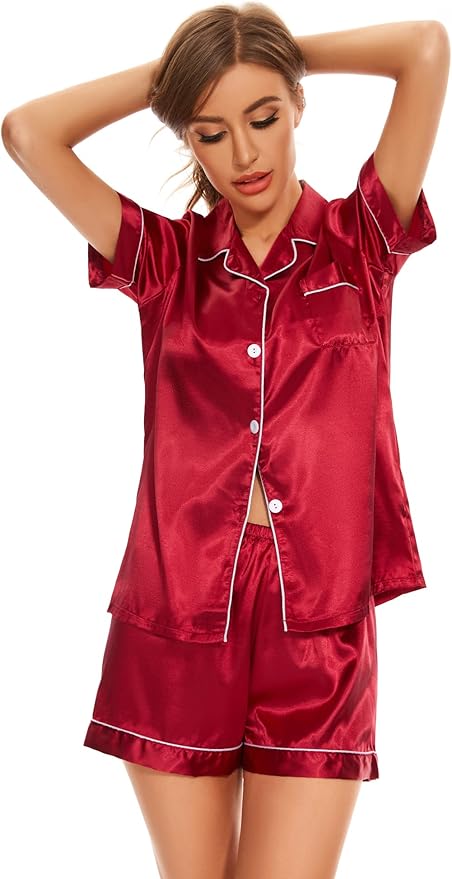 Women's Silk Pajama Set Short Sleeve Sleepwear Satin Button Down Pj Tops and Shorts 2 Piece Loungewear