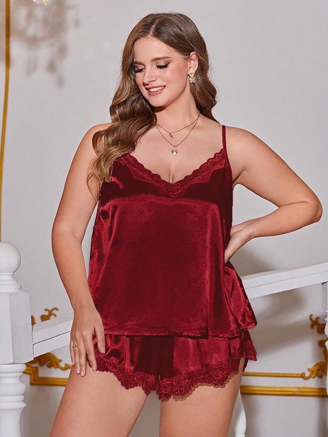 OYOANGLE Women's Plus Size 2 Piece Pajama Satin Lace Trim Cami Top and Shorts Sleepwear Set
