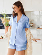 Ekouaer Womens Satin Silk Pajamas Set Short Sleeve Sleepwear Button Down Top and Shorts Loungewear 2 Piece Pjs Set S-XXL