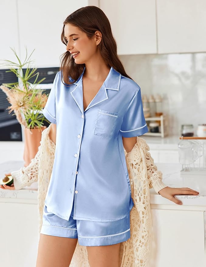 Ekouaer Womens Satin Silk Pajamas Set Short Sleeve Sleepwear Button Down Top and Shorts Loungewear 2 Piece Pjs Set S-XXL