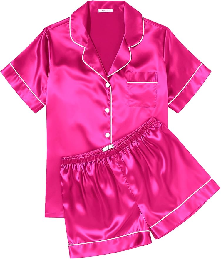 Ekouaer Womens Silk Satin Pajama Sets Soft Short Sleeve Button Down Sleepwear Top and Shorts 2 Piece Pjs Lounge Set