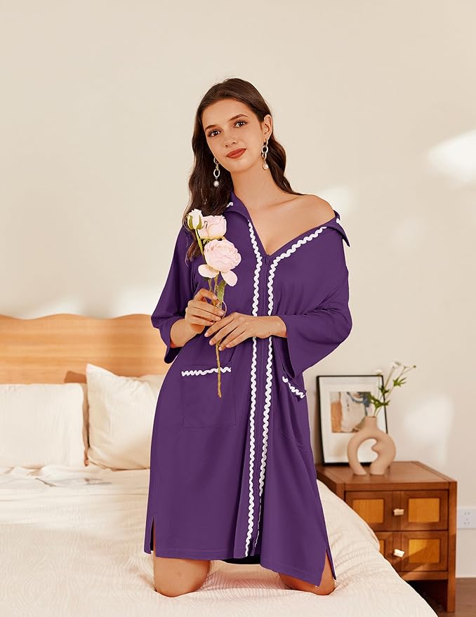 Ekouaer Women Zipper Robe Lightweight House Coat Zipper Front Short Bathrobes Soft Nightgown with Pockets S-3XL