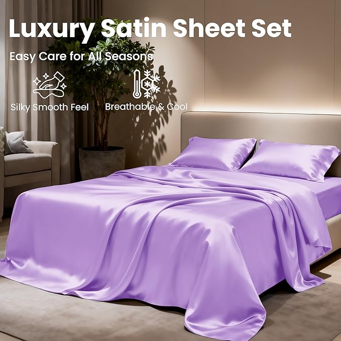Love's cabin Satin Queen Sheets Set - 4 Piece Lavender Silky Bed Sheets with Deep Pocket, Luxury Silk Feel Satin Queen Size Sheet Set (1 Flat Sheet,1 Fitted Sheet,2 Pillow Cases)