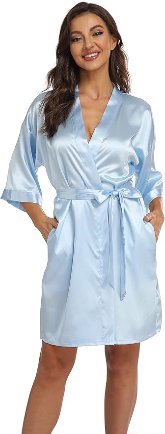 Women's Pure Short Kimono Robes Bride Bridesmaids Silky Bathrobe Lightweight Satin Sleepwear