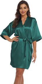 Women's Pure Short Kimono Robes Bride Bridesmaids Silky Bathrobe Lightweight Satin Sleepwear
