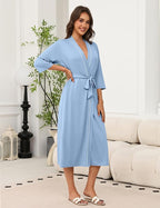Ekouaer Robes for Women Long Knit Bathrobe Lightweight 3/4 Sleeves Kimono Robe Soft Sleepwear with Pockets S-XXL
