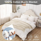 Cotton Muslin Throw Blanket with Tassels, Lightweight Woven Gauze, Pre-Washed Breathable Farmhouse Decor for Bed, Couch, All-Season Use (Beige, 50" x 60")