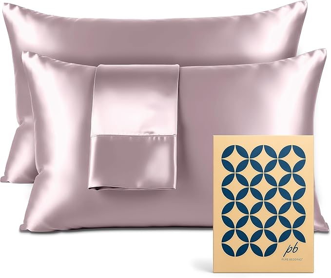 Pure Bedding Satin Pillowcase 2 Pack - Queen Size (20"x30", Champagne Pink) - Silky Pillow Cases for Hair and Skin - Satin Pillow Covers with Envelope Closure - Extra Soft Premium Microfiber