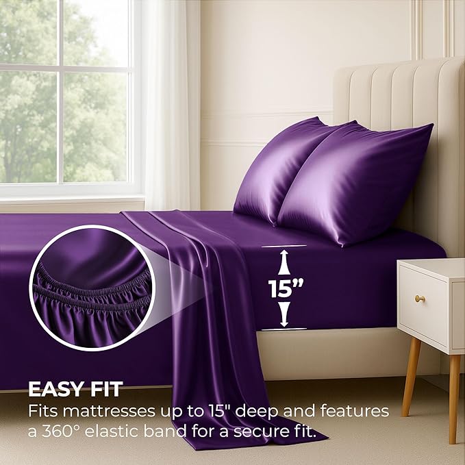 Pure Bedding Satin Sheets Full [4-Piece, Purple] Hotel Luxury Silky Bed Sheets - Extra Soft 1800 Microfiber Sheet Set, Wrinkle, Fade, Deep Pocket Fitted Sheet, Flat Sheet, Pillow Cases