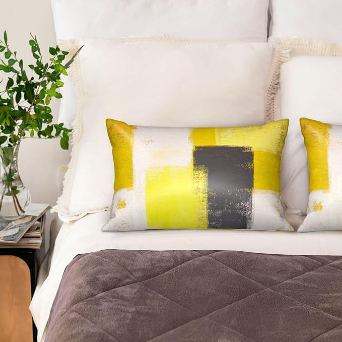 Imitation Silk Pillow Case for Hair and Skin Yellow and Grey Abstract Art Queen Size 1 Pack Satin Pillow Cases with Zipper Super Soft Pillow Cover for Women Bed Sleeping, 20x30 Inches