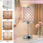 GyroVu Pink Crystal Table Lamp, Touch Control Bedside Lamps with USB-C+A Charging Ports, Dimmable Nightstand Small Desk Lamp Set of 2 for Girl Bedroom, Living Room, Office(Buld Included)