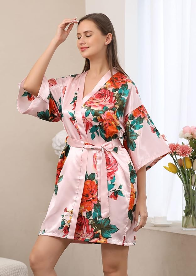 QXQTER Peony Floral Silky Satin Robe Wedding Bridal Party Bride Bridesmaid Robes for Women Dressing Gown Kimono Robe