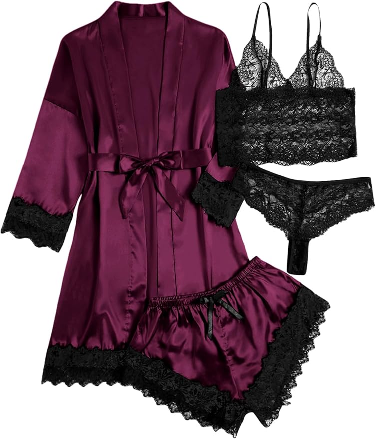 WDIRARA Women' Silk Satin Pajamas Set 4pcs Lingerie Floral Lace Cami Sleepwear with Robe