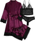 WDIRARA Women' Silk Satin Pajamas Set 4pcs Lingerie Floral Lace Cami Sleepwear with Robe