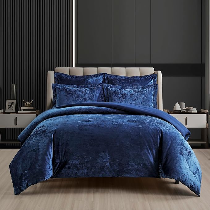 Fredsure Distressed Velvet Comforter Set, 5 Pieces Navy Queen, Distressed Velvet Face and Brushed Microfiber Reverse