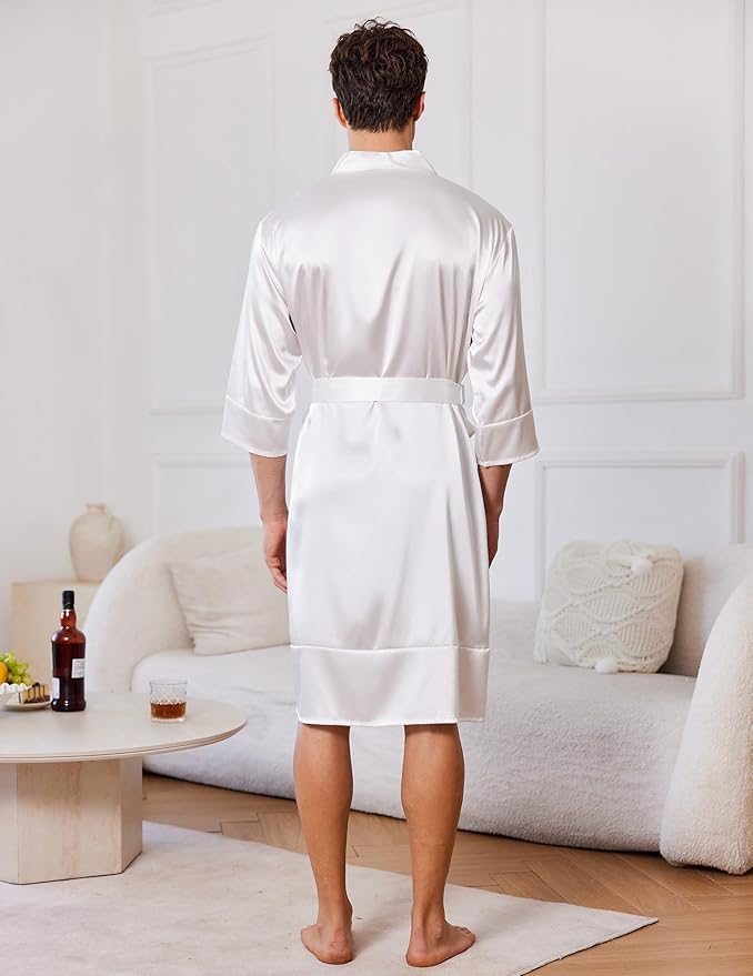 Ekouaer Mens Satin Robe Lightweight Silky Kimono Bathrobe 3/4 Sleeve Spa Knee Length Loungewear with Pockets S-3XL