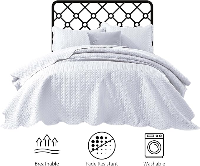 IR Imperial Rooms King Quilt Bedding Set Size (106" x 96") + 2 Pillow Shams (20" x 36"+ 2") - 3 Pcs All Season Lightweight Reversible Microfiber Coverlet Embossed Quilt Bedspread (White)