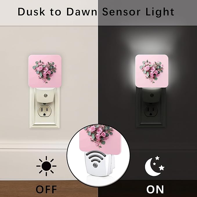 Roses Night Lights Plug Into Wall, Floral Romantic Eucalyptus Heart Shape Spring Peach Compact Plug in Outlet Night Light Led Lamp for Entryway Garage Stairs Decor 2pcs