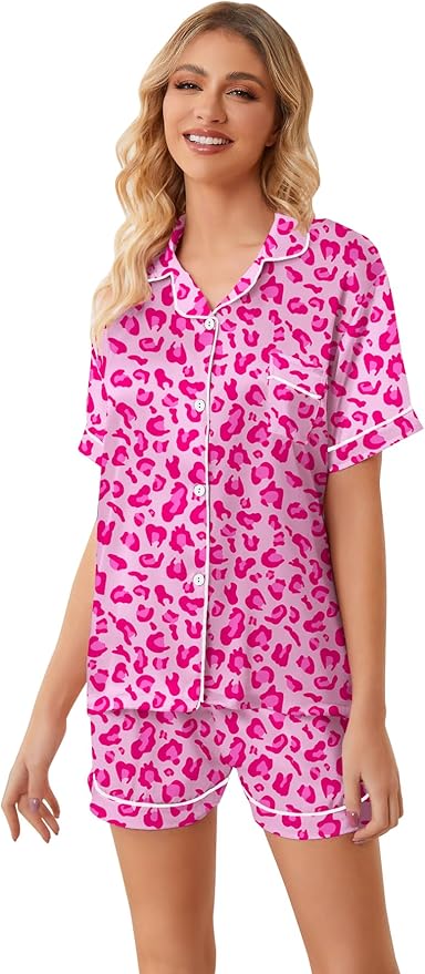 Umeyda Women & Girls Pajamas Set, Soft Satin Lightweight Silk Button-Down Top with Shorts 2 Piece PJS for Mom Boys Kids Gifts