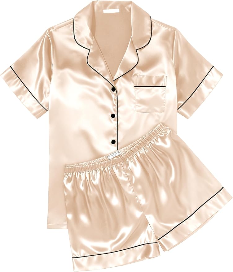 Ekouaer Womens Silk Satin Pajama Sets Soft Short Sleeve Button Down Sleepwear Top and Shorts 2 Piece Pjs Lounge Set