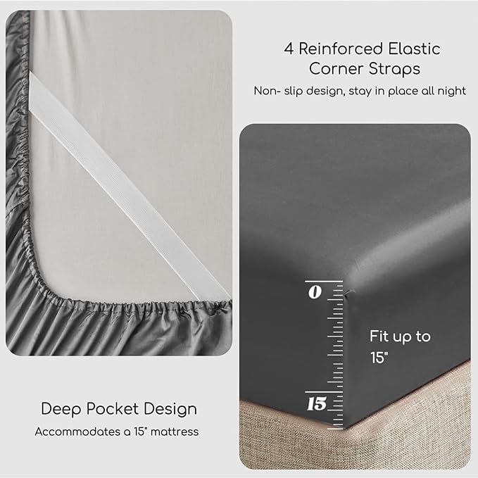 MR&HM Satin Bed Sheets, Full Size Sheets Set, 4 Pcs Silky Bedding Set with 15 Inches Deep Pocket for Mattress (Full, Dark Grey)