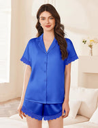 Ekouaer Womens Lace Satin Pajama Set Button Down Pj Shorts Set Bridesmaids Getting Ready Outfits Casual Sleepwear XS-XXL