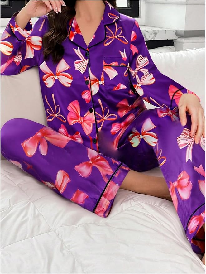 WDIRARA Women's 2 Piece Bowknot Print Satin Pajama Set Long Sleeve Button Down Lounge Pants Sleepwear Sets