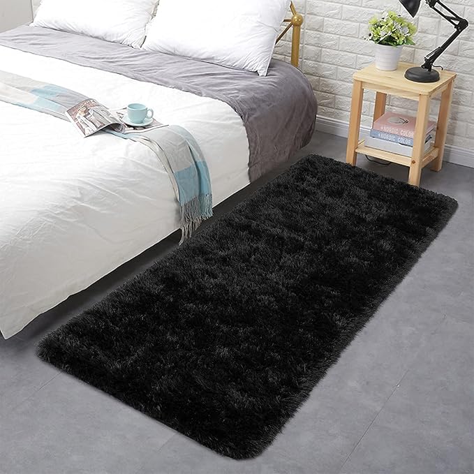 ISEAU Fluffy Runner Rug for Bedroom Plush Area Rugs, Shag Carpet with Rubber Backing Non Slip, Comfy Nursery Mat Bedside Mats for Kids Boys Room Home Decor, 2ft x 6ft, Black