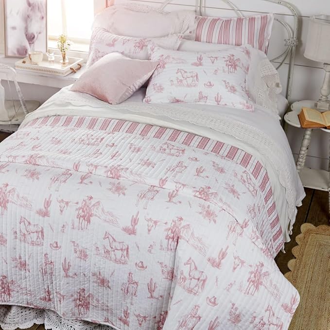 Rod's True Western Dusty Rose Cowgirl Twin Quilt, Vintage Western Toile Bedding, Pink and White, Reversible Cotton Quilt, 68x86 Inch