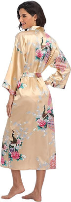 Valennia Women Long Silky Bathrobe Satin Kimono Robe Floral Printed Dressing Gown Sleepwear