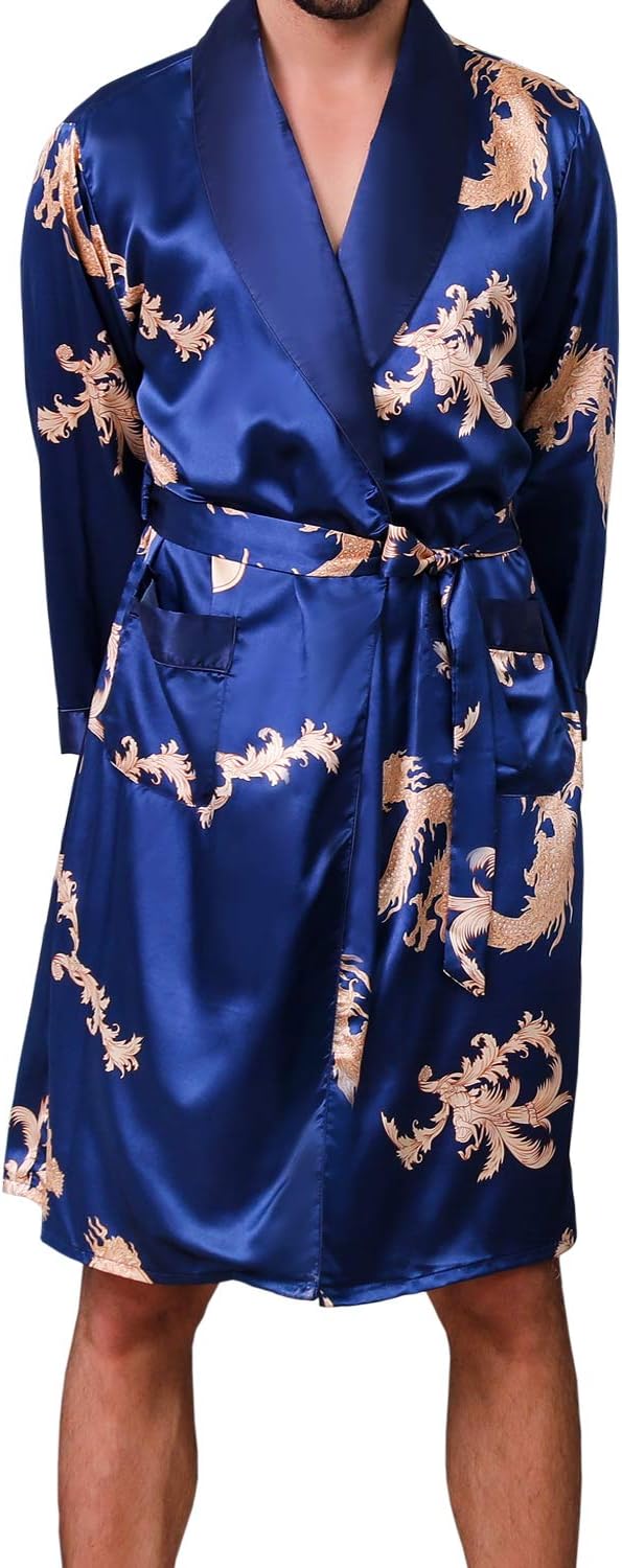 Mens Satin Robe,Silk Long Sleeve House Kimono Bathrobe,Soft Loungewear Dragon Robe