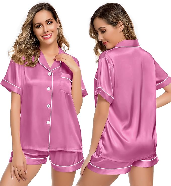 LecGee Womens Silk Satin Pajamas Short Sleeve Loungewear Two-Piece Sleepwear Button-Down Pj Set