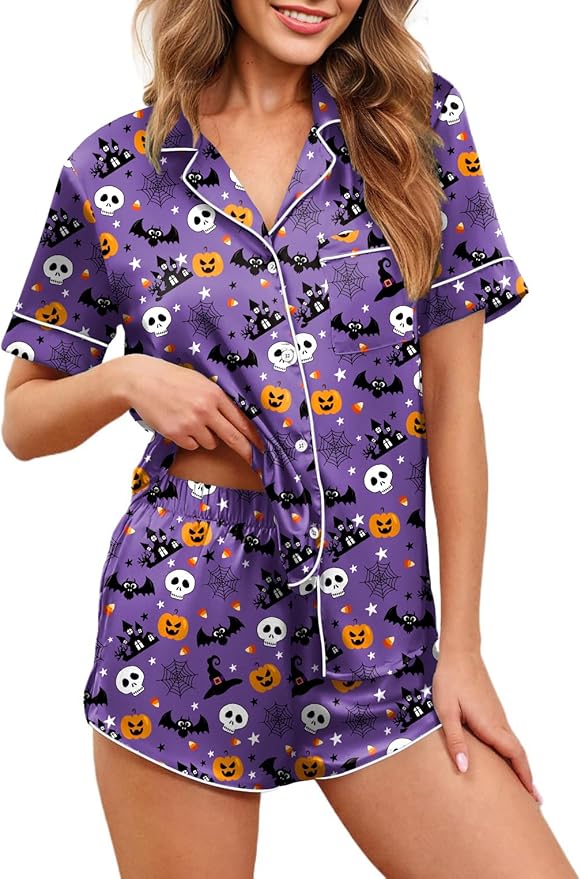 Ekouaer Womens Silk Satin Pajamas Set Short Sleeve Sleepwear Button Down Loungewear 2 Piece Pjs Shorts Set S-5X Plus Size